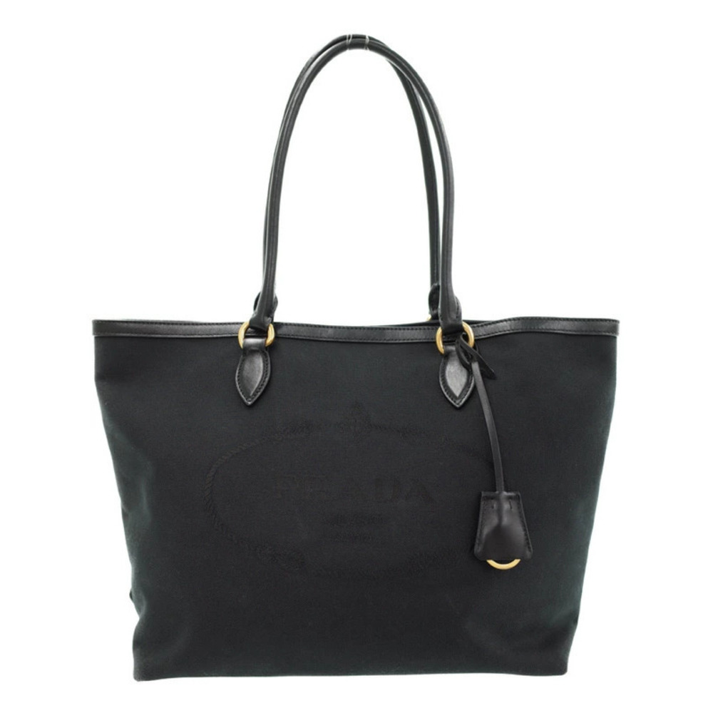 Prada Logo Jacquard Tote Bag black canvas leather trim